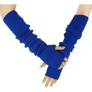 Women's Royal Blue Soft Cozy Arm Winter Warmers Fingerless Knitted Long Gloves